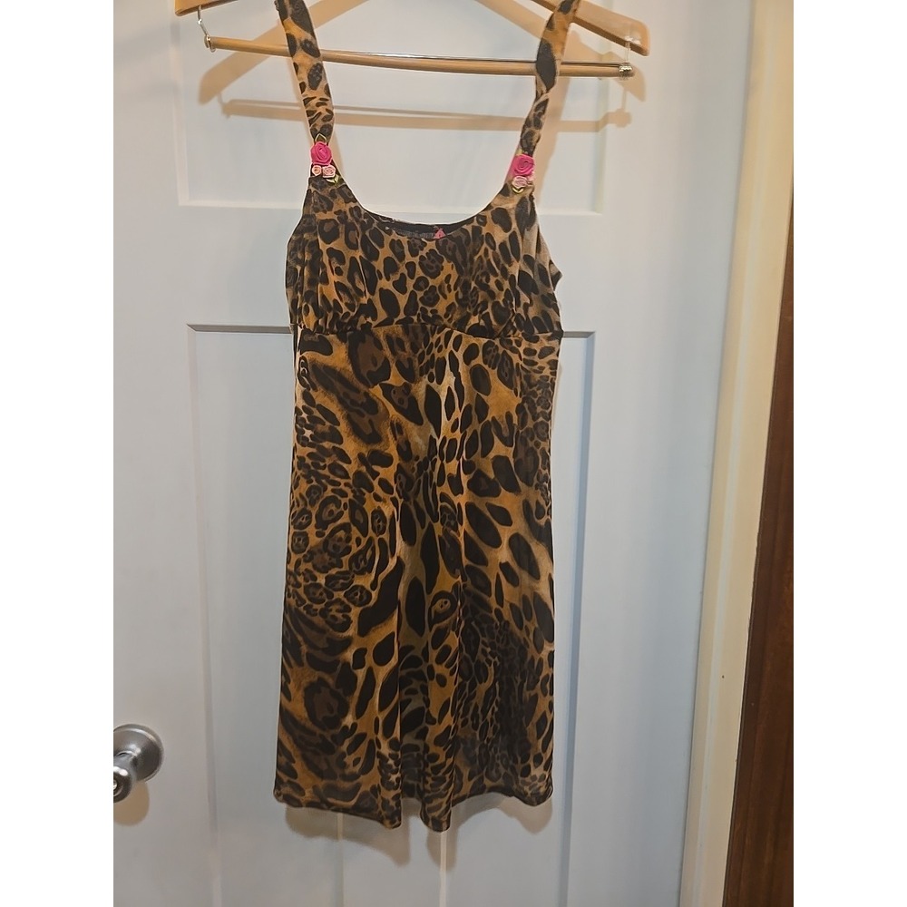 Betsey Johnson Intimates Cheetah Print Lingerie Chemise Pink Rose Detail Sz L